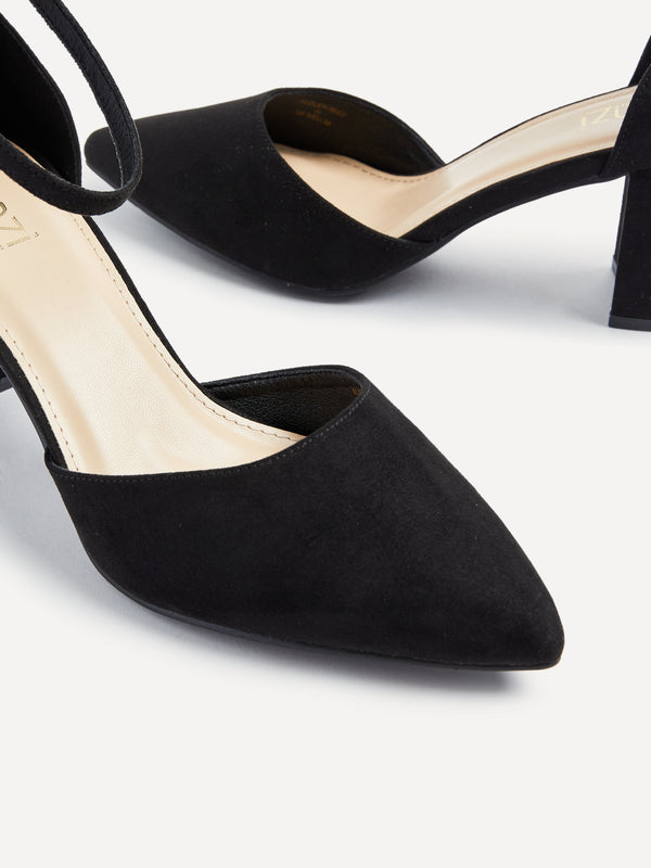Linzi Wide Fit Black Faux Suede Court Shoe With Block Heel