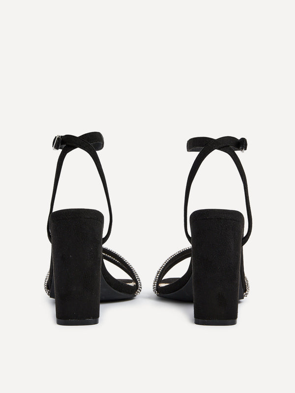 Linzi Wide Fit Black Faux Suede Double Diamante Strap Block Heeled Sandal