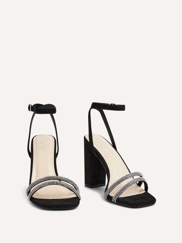 Linzi Wide Fit Black Faux Suede Double Diamante Strap Block Heeled Sandal