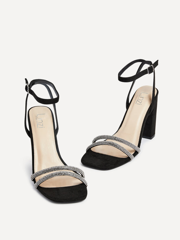 Linzi Wide Fit Black Faux Suede Double Diamante Strap Block Heeled Sandal