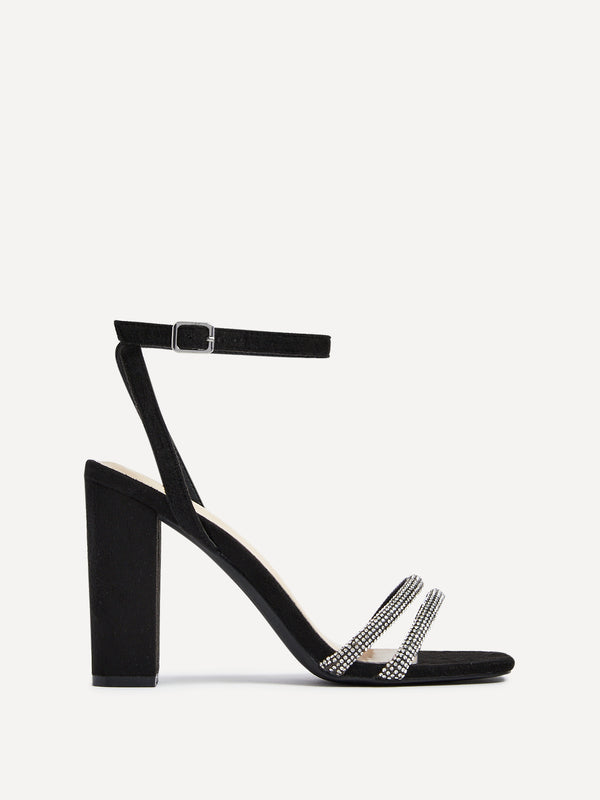 linzi Wide Fit Black Faux Suede Double Diamante Strap Block Heeled Sandal