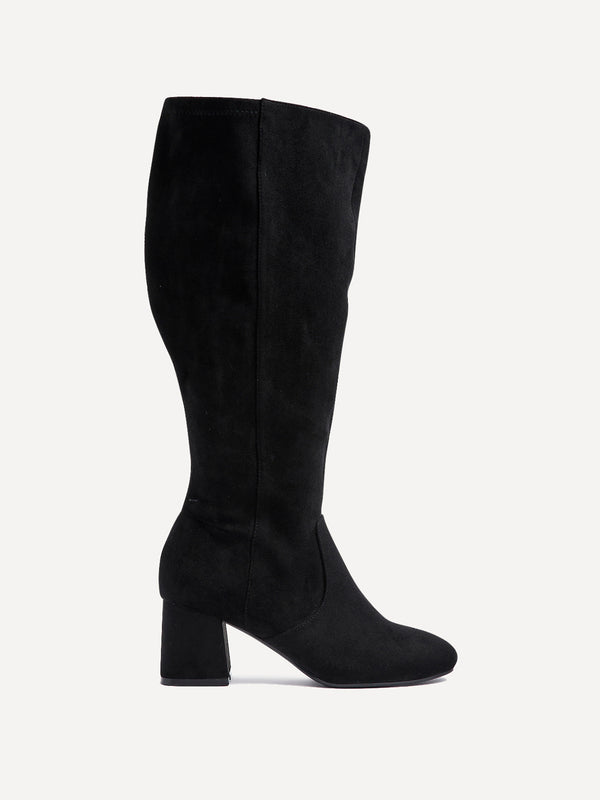 Linzi Wide Fit Black Faux Suede Knee High Block Heeled Boot