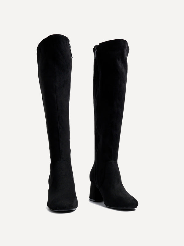Linzi Wide Fit Black Faux Suede Knee High Block Heeled Boot
