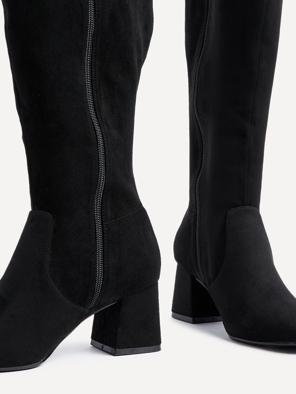 Linzi Wide Fit Black Faux Suede Knee High Block Heeled Boot