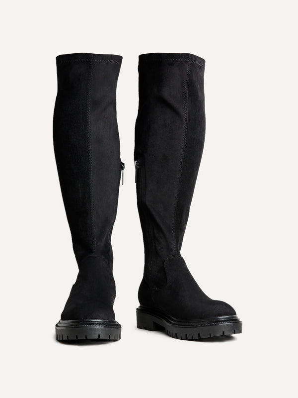 Linzi Wide Fit Black Faux Suede Knee High Stretch Boot