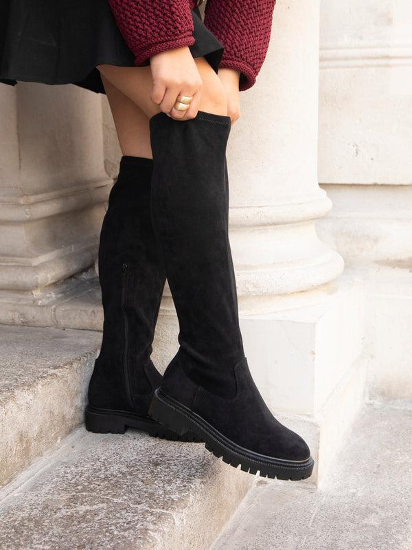 linzi Wide Fit Black Faux Suede Knee High Stretch Boot