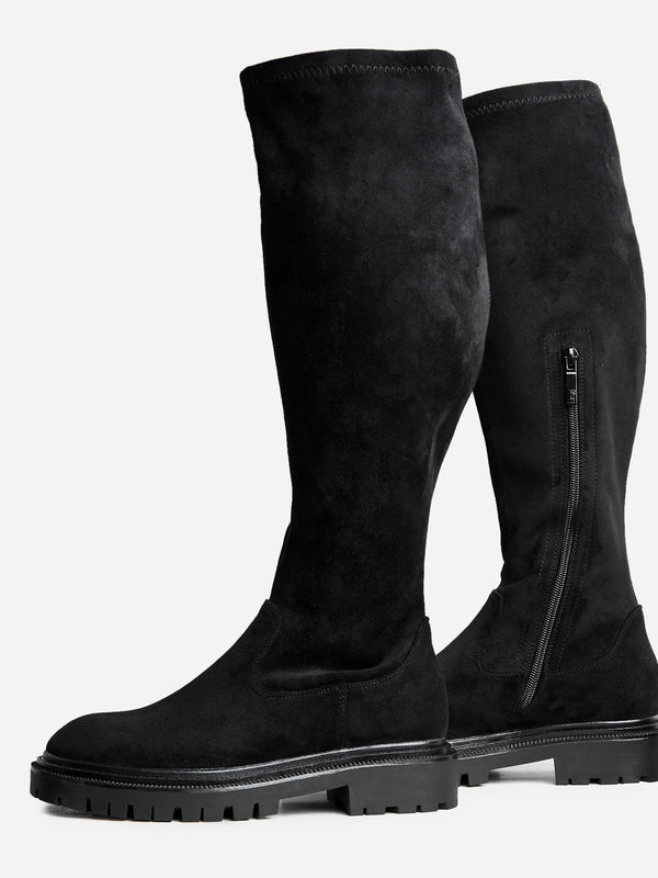 Linzi Wide Fit Black Faux Suede Knee High Stretch Boot