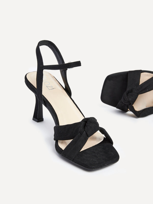 Linzi Wide Fit Black Faux Suede Knotted Heeled Sandal