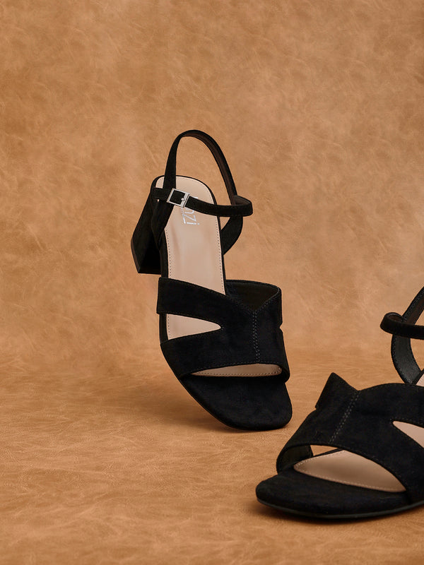 linzi Wide Fit Black Faux Suede Link Detail Block Heels