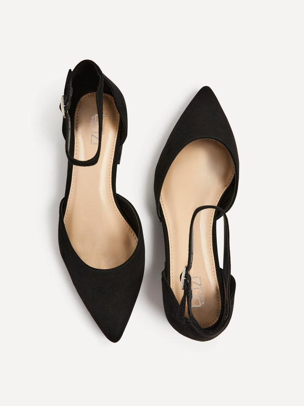 Linzi Wide Fit Black Faux Suede Low Block Court Heel