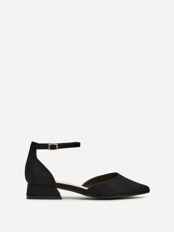 Linzi Wide Fit Black Faux Suede Low Block Court Heel