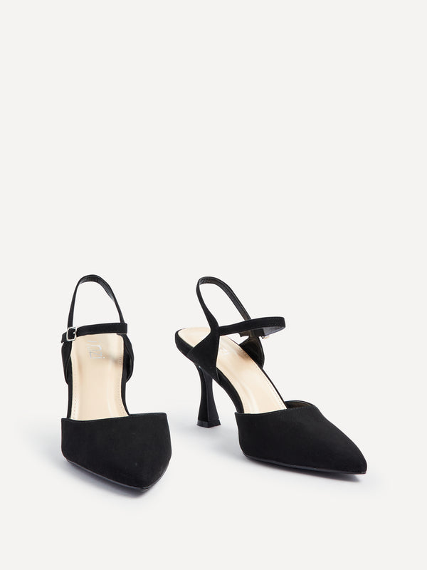Linzi Wide Fit Black Faux Suede Open Back Stiletto Court Heel