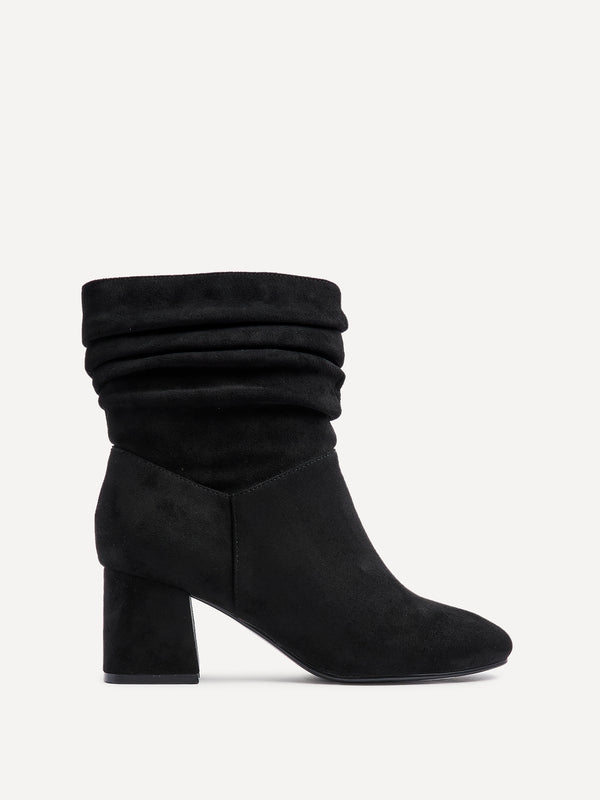 Linzi Wide Fit Black Faux Suede Ruched Heeled Ankle Boot