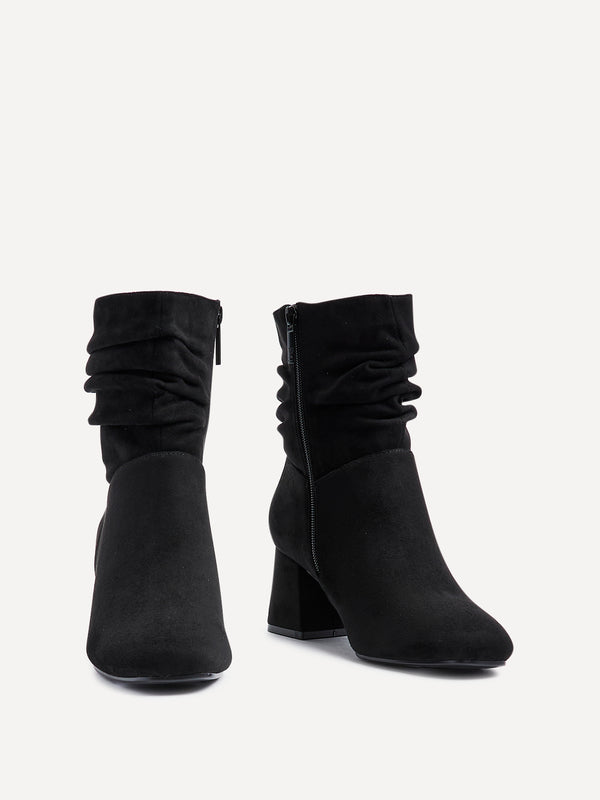 Linzi Wide Fit Black Faux Suede Ruched Heeled Ankle Boot