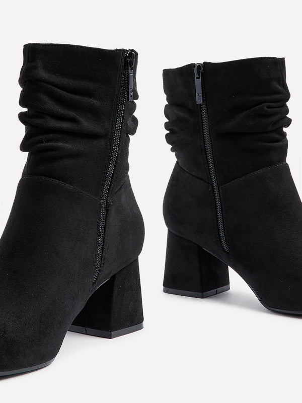 Linzi Wide Fit Black Faux Suede Ruched Heeled Ankle Boot
