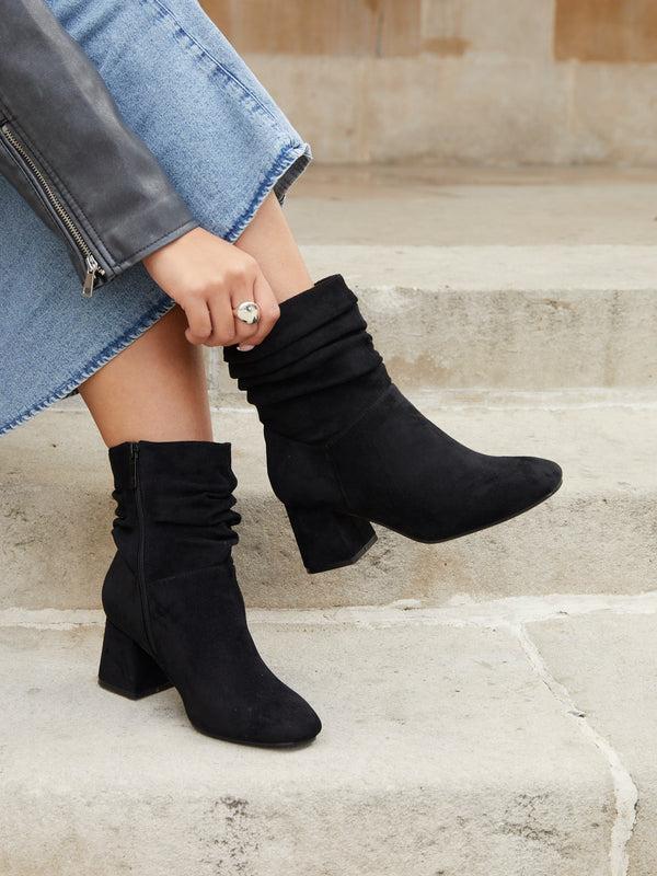 linzi Wide Fit Black Faux Suede Ruched Heeled Ankle Boot