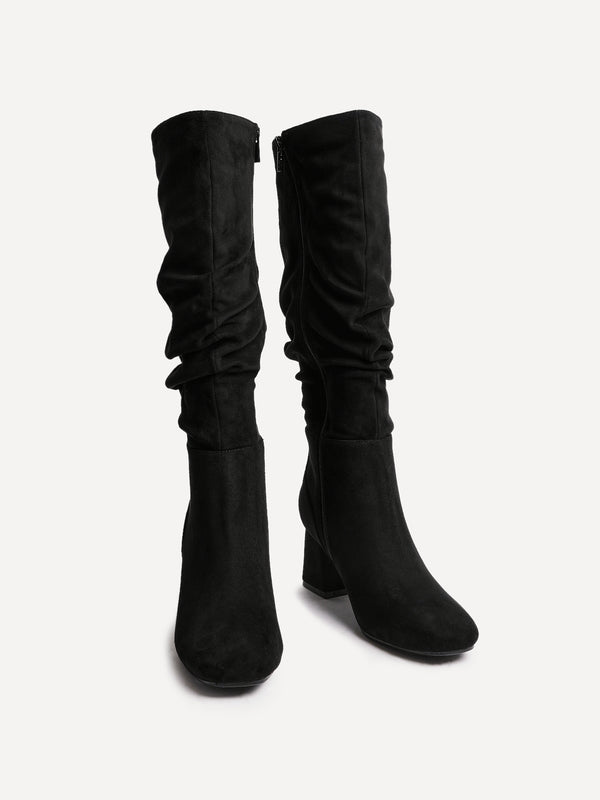 Linzi Wide Fit Black Faux Suede Ruched Long Heeled Boot