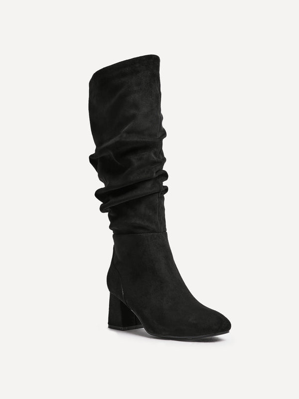 Linzi Wide Fit Black Faux Suede Ruched Long Heeled Boot