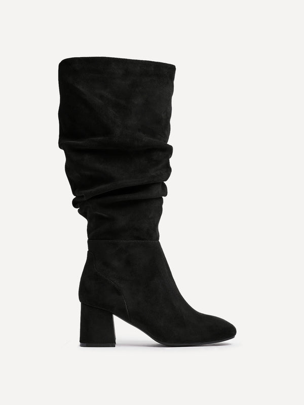Linzi Wide Fit Black Faux Suede Ruched Long Heeled Boot