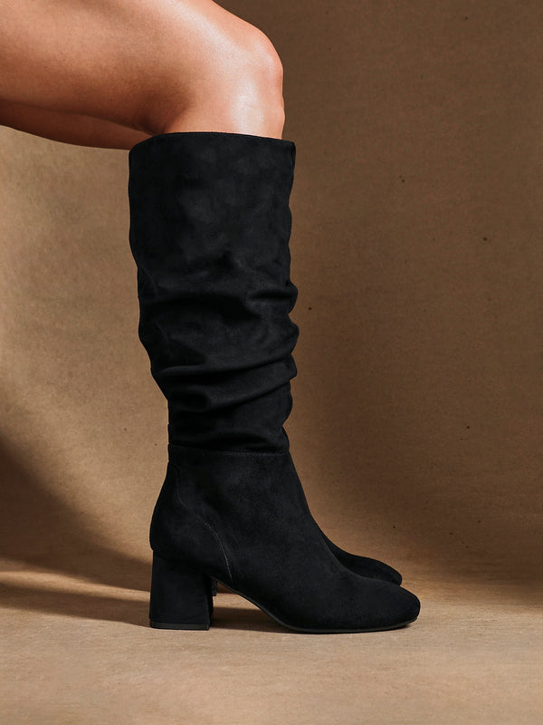 linzi Wide Fit Black Faux Suede Ruched Long Heeled Boot