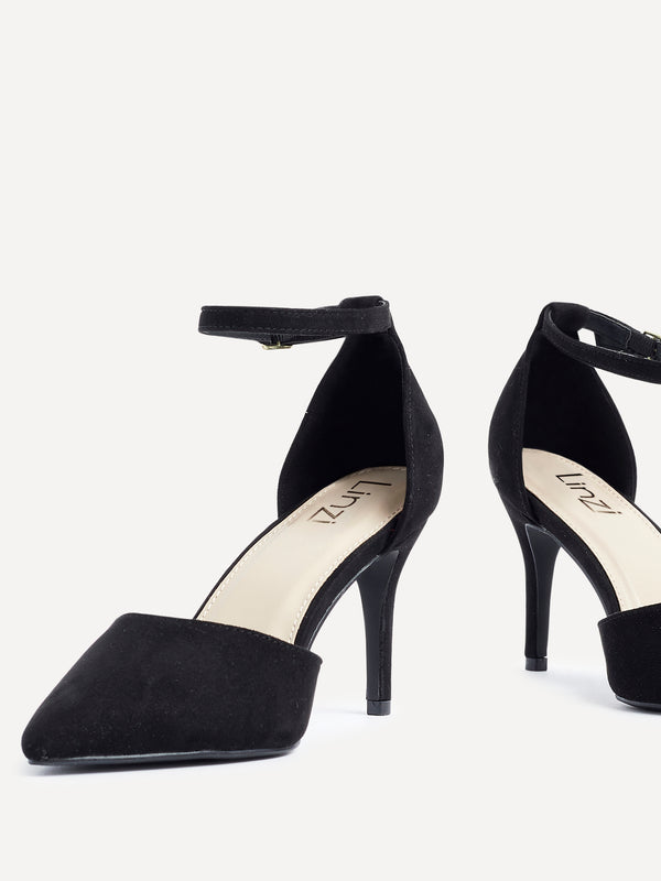 Linzi Wide Fit Black Faux Suede Stiletto Court Heel With Ankle Strap