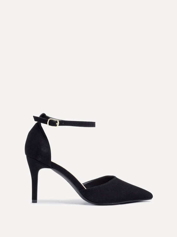 Linzi Wide Fit Black Faux Suede Stiletto Court Heel With Ankle Strap