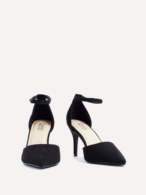 Linzi Wide Fit Black Faux Suede Stiletto Court Heel With Ankle Strap