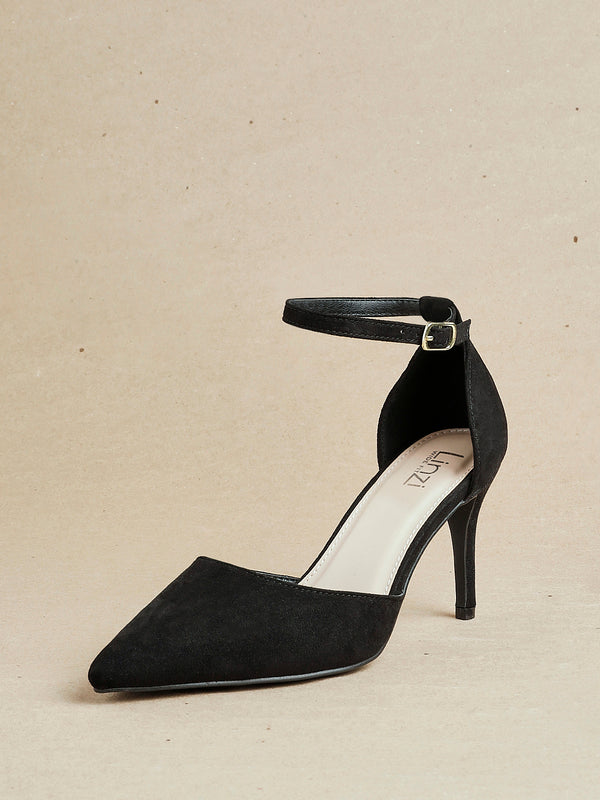 linzi Wide Fit Black Faux Suede Stiletto Court Heel With Ankle Strap
