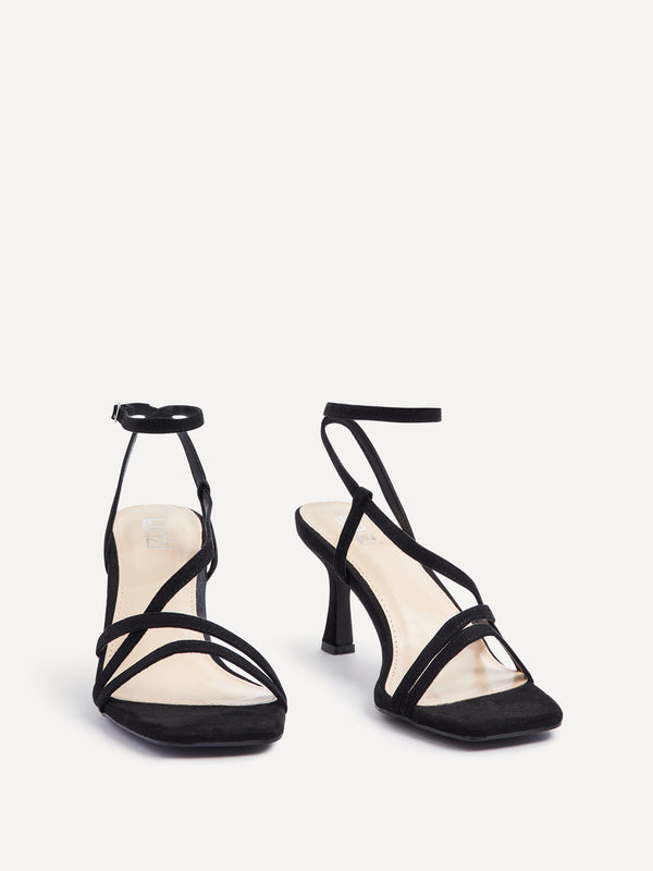 Linzi Wide Fit Black Faux Suede Strappy Square Toe Heeled Sandal