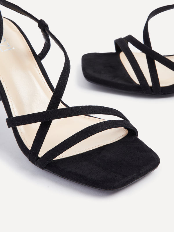Linzi Wide Fit Black Faux Suede Strappy Square Toe Heeled Sandal