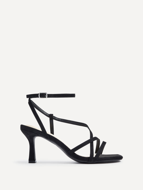 linzi Wide Fit Black Faux Suede Strappy Square Toe Heeled Sandal