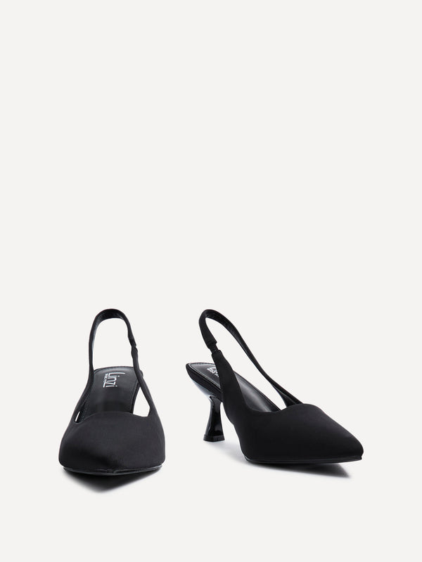 Linzi Wide Fit Black Lycra Sling Back Low Court Heel