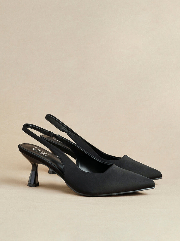 linzi Wide Fit Black Lycra Sling Back Low Court Heel