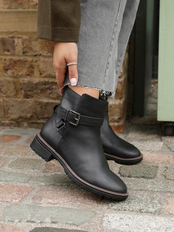 linzi Wide Fit Black Nubuck Ankle Boot With Buckle Detail