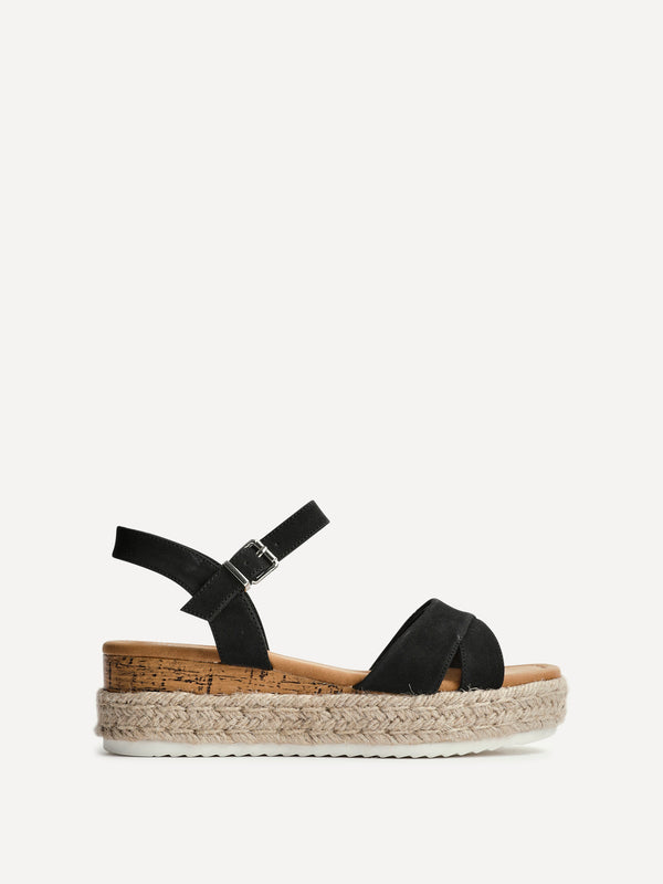 Linzi Wide Fit Black Nubuck Cork Flatform With Rope Detailing