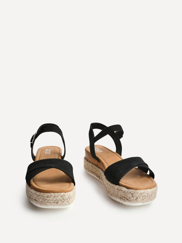 Linzi Wide Fit Black Nubuck Cork Flatform With Rope Detailing