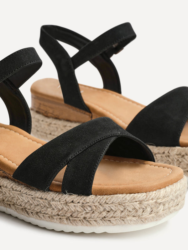 Linzi Wide Fit Black Nubuck Cork Flatform With Rope Detailing