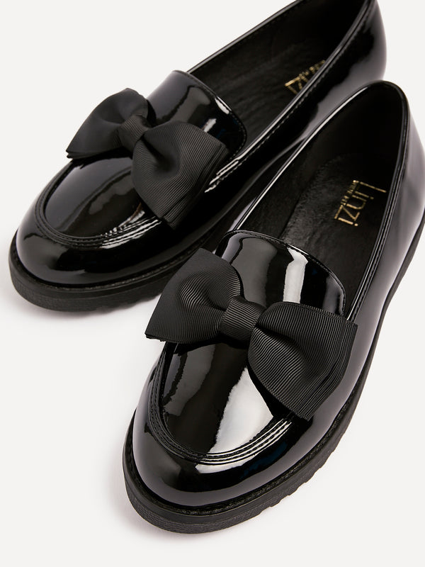 Linzi Wide Fit Black Patent Loafer With Fabric Bow Detail