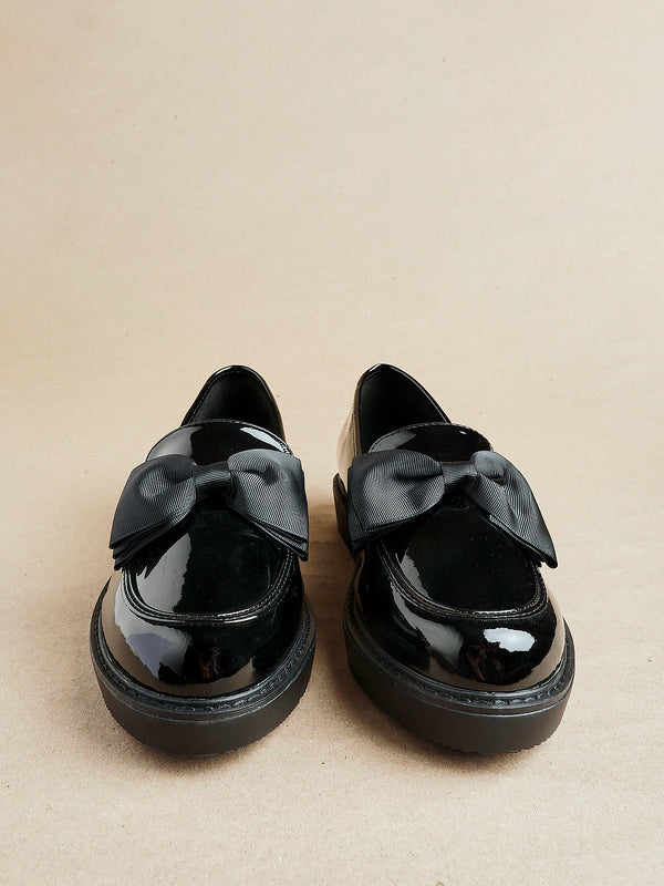 linzi Wide Fit Black Patent Loafer With Fabric Bow Detail
