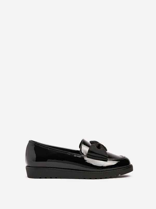 Linzi Wide Fit Black Patent Loafer With Fabric Bow Detail
