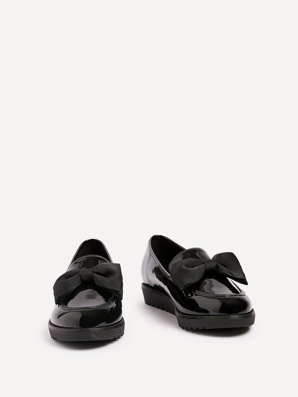 Linzi Wide Fit Black Patent Loafer With Fabric Bow Detail