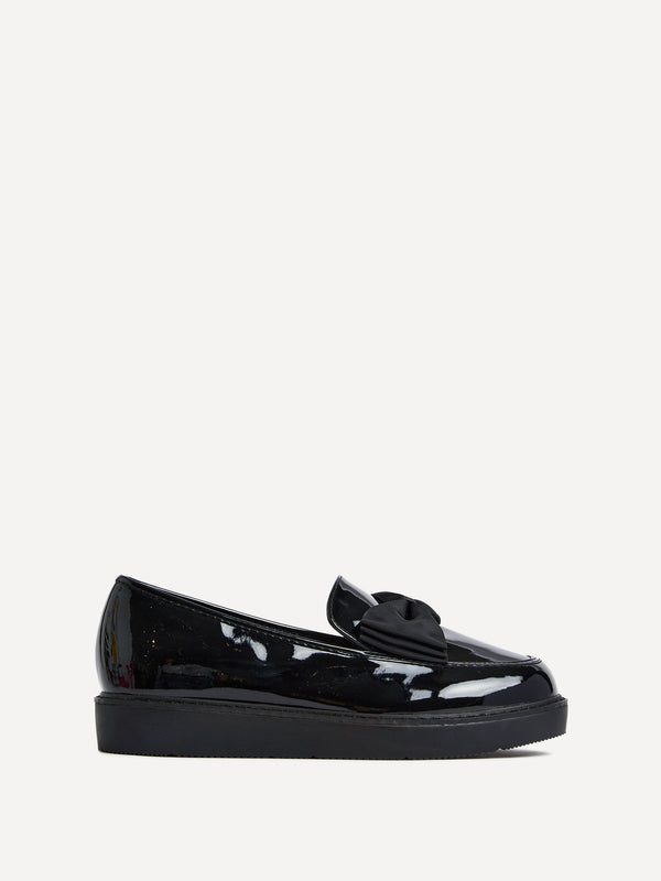 Linzi Wide Fit Black Patent Loafer With Fabric Bow Detail