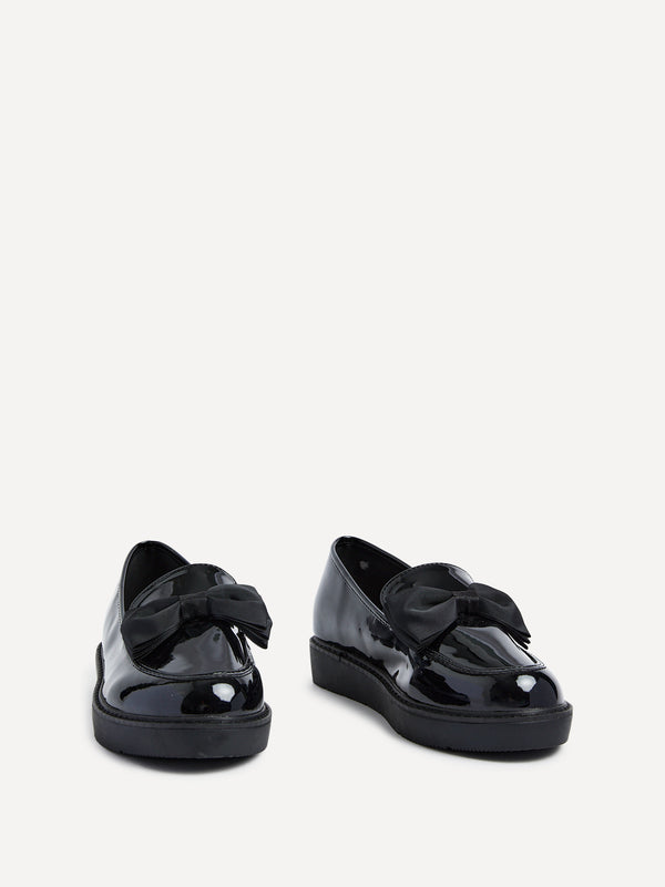 Linzi Wide Fit Black Patent Loafer With Fabric Bow Detail