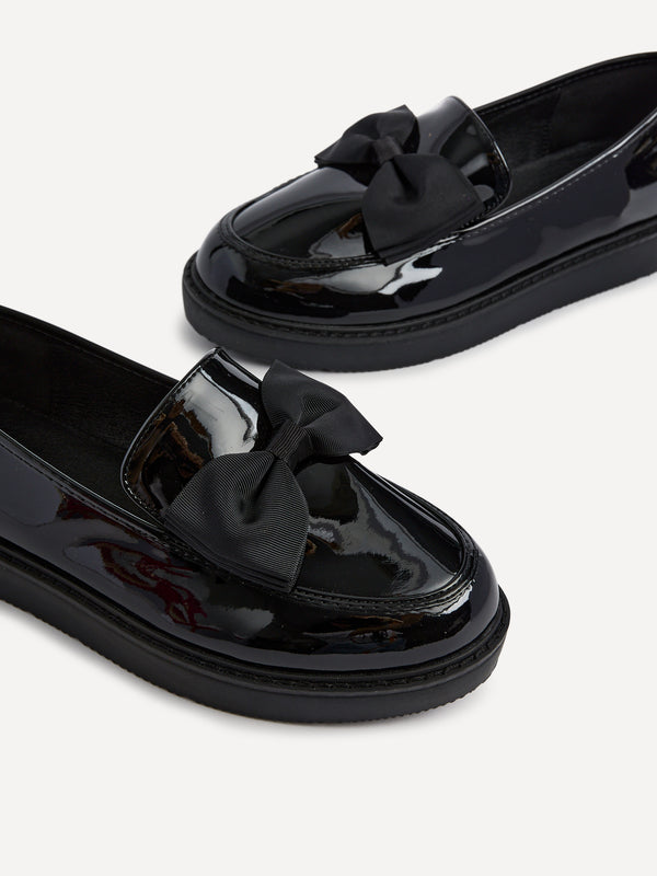 Linzi Wide Fit Black Patent Loafer With Fabric Bow Detail