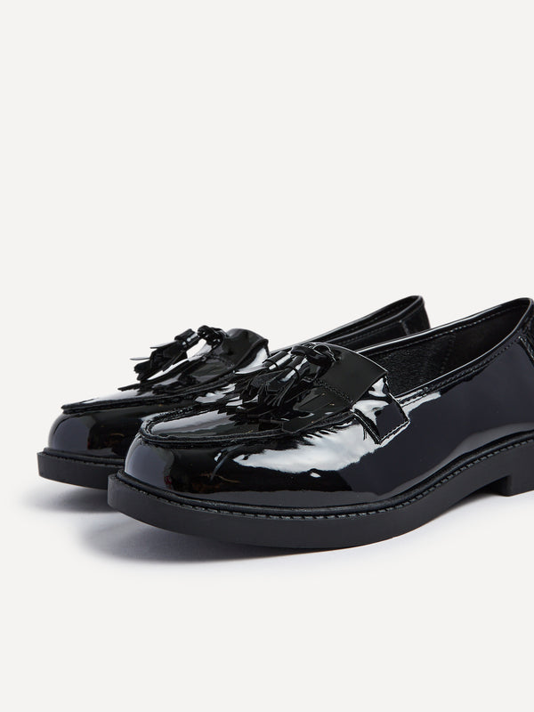 Linzi Wide Fit Black Patent Loafer With Front Tassel And Fringing Detail