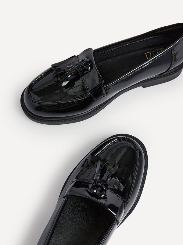 Linzi Wide Fit Black Patent Loafer With Front Tassel And Fringing Detail