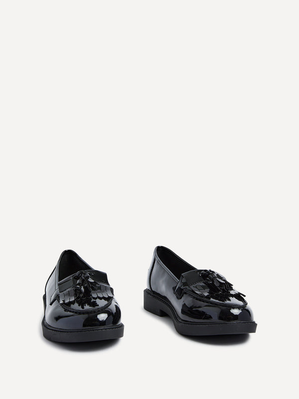 Linzi Wide Fit Black Patent Loafer With Front Tassel And Fringing Detail