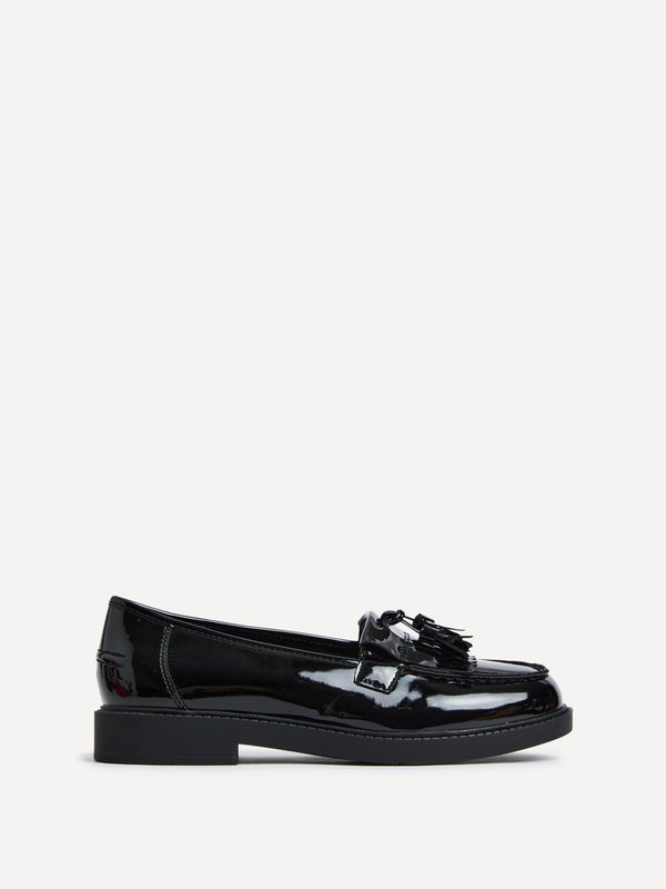linzi Wide Fit Black Patent Loafer With Front Tassel And Fringing Detail