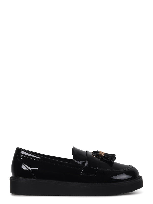 Linzi Wide Fit Black Patent Loafer With Front Tassel Detail