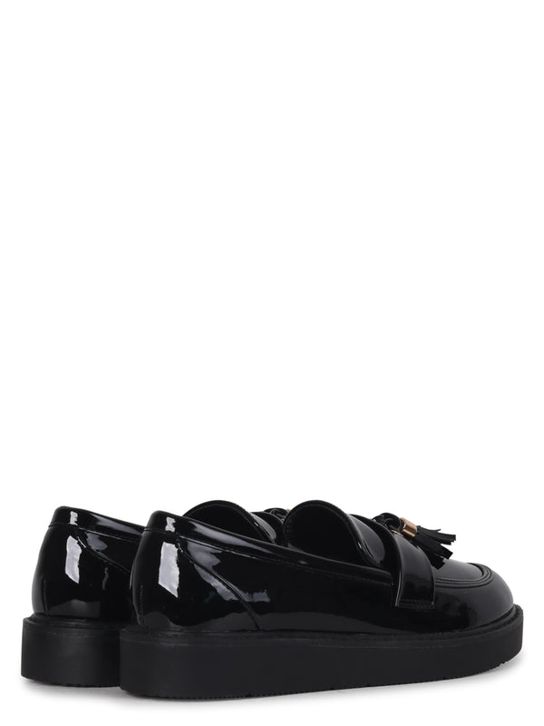 Linzi Wide Fit Black Patent Loafer With Front Tassel Detail